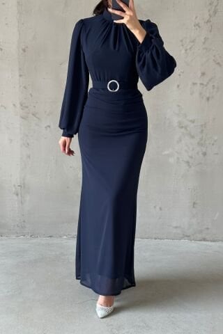 Stylish Design Navy Blue Belted Chiffon Hijab Evening Dress