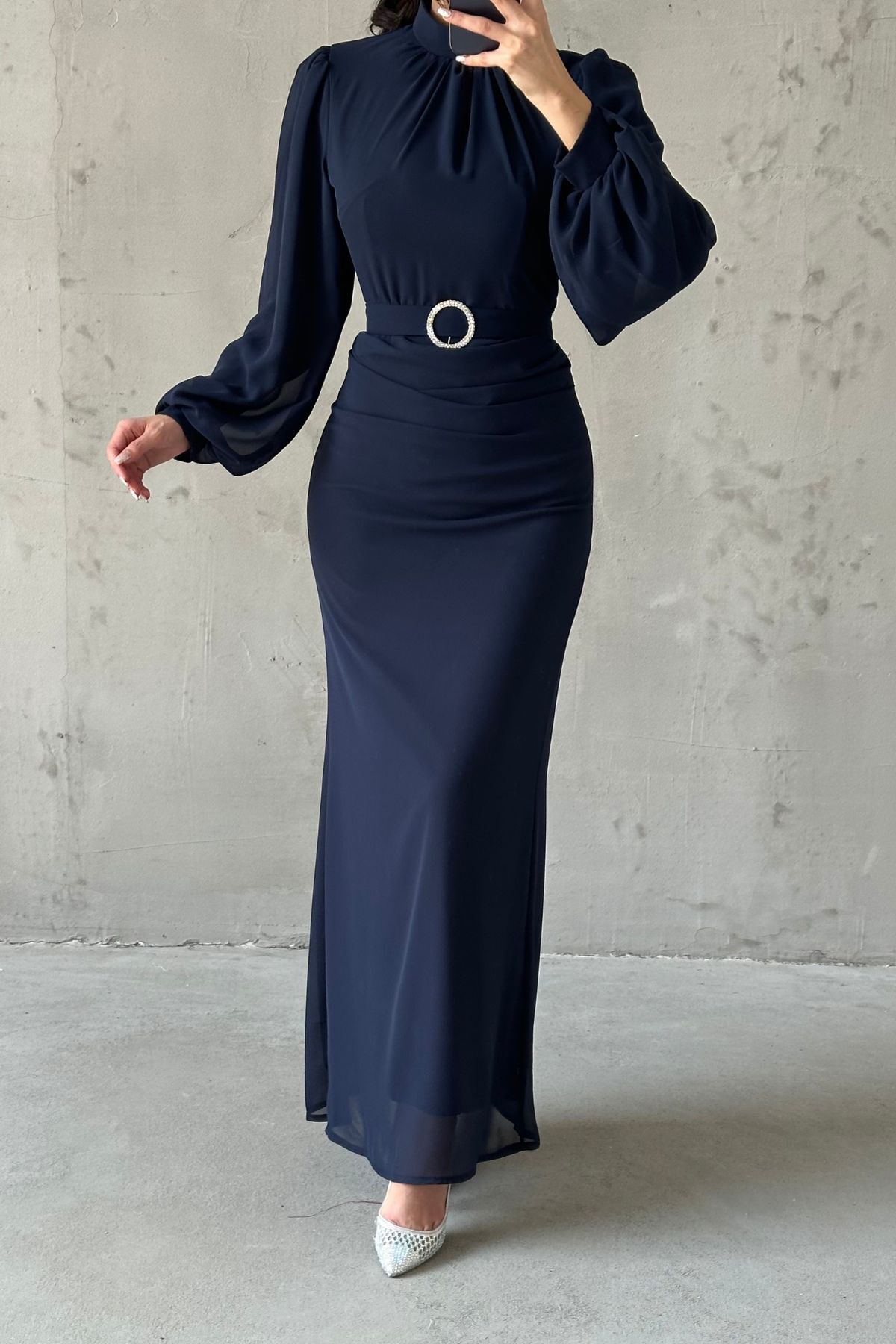 Stylish Design Navy Blue Belted Chiffon Hijab Evening Dress