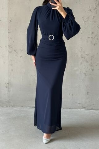 Stylish Design Navy Blue Belted Chiffon Hijab Evening Dress