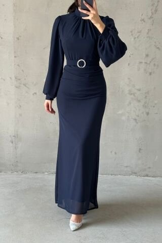 Stylish Design Navy Blue Belted Chiffon Hijab Evening Dress