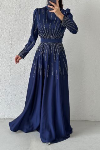 Unique Stone Detailed Belted Satin Hijab Evening Dress Navy Blue