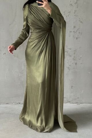 Janjan Hijab Evening Dress Khaki with Cape Detail on the Shoulder