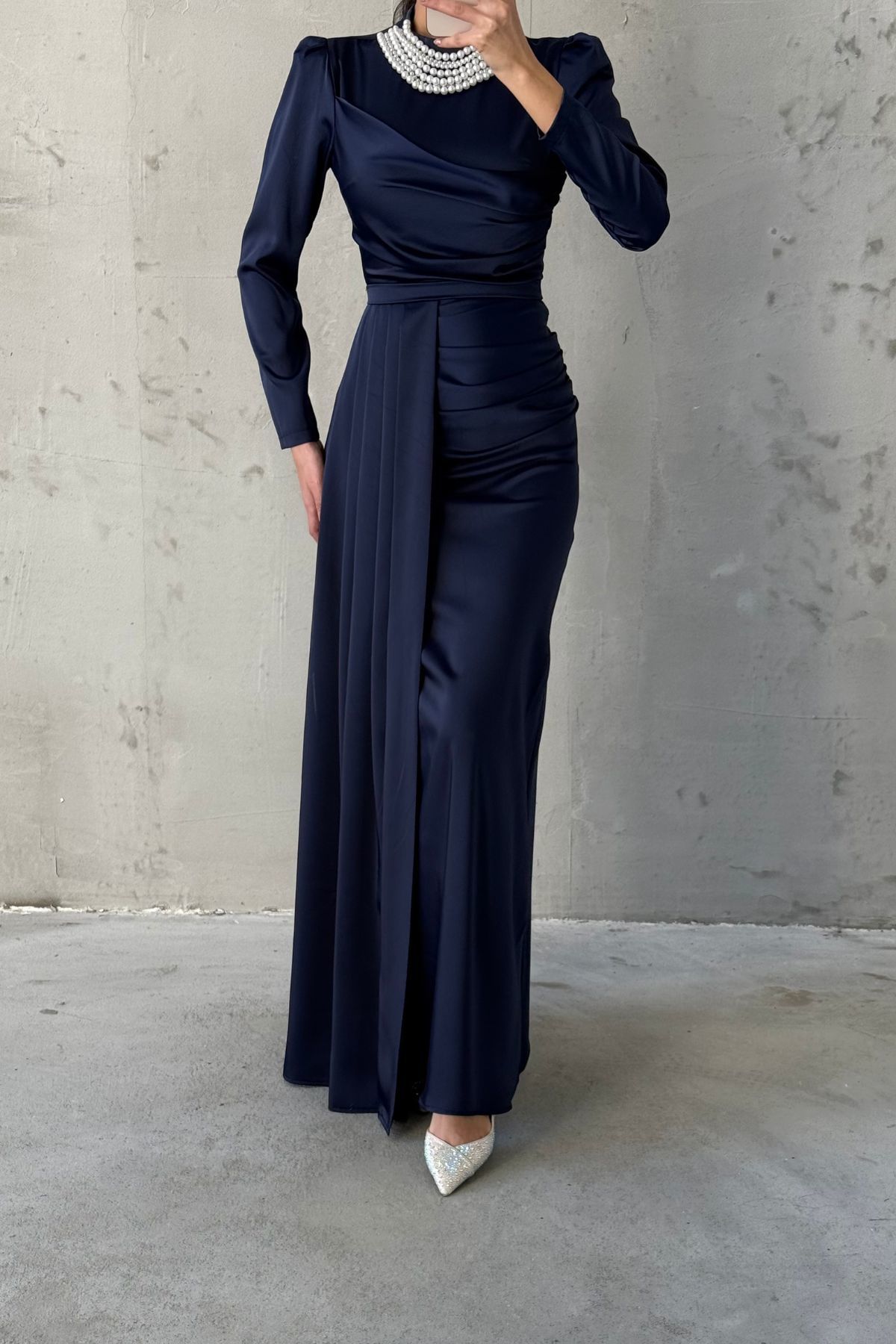 Pearl Detailed Satin Hijab Evening Dress Navy Blue