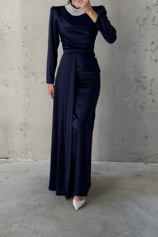 Pearl Detailed Satin Hijab Evening Dress Navy Blue