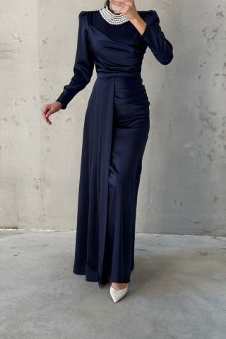 Pearl Detailed Satin Hijab Evening Dress Navy Blue