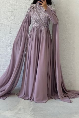 Sparkling Stone Embroidered Cape Model Chiffon Hijab Evening Dress Lilac