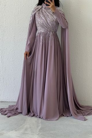 Sparkling Stone Embroidered Cape Model Chiffon Hijab Evening Dress Lilac