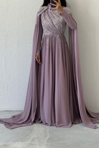 Sparkling Stone Embroidered Cape Model Chiffon Hijab Evening Dress Lilac