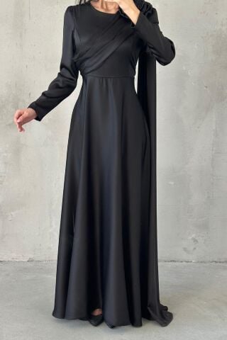 Layan Saten Tesettür Abiye Siyah