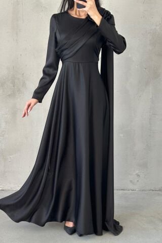 Layan Saten Tesettür Abiye Siyah
