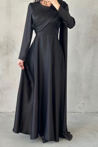 Layan Saten Tesettür Abiye Siyah