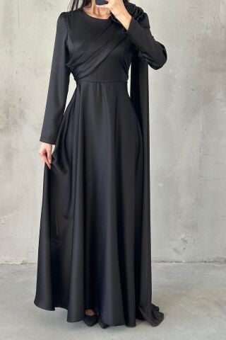 Layan Saten Tesettür Abiye Siyah