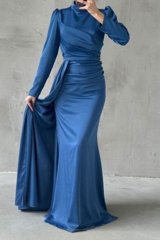 Draped Tail Detailed Hijab Evening Dress Indigo