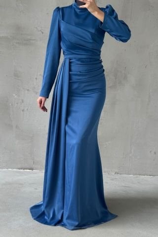 Drapeli Kuyruk Detaylı Tesettür Abiye İndigo