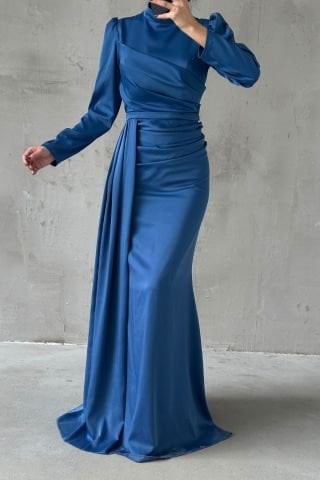 Drapeli Kuyruk Detaylı Tesettür Abiye İndigo