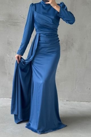 Drapeli Kuyruk Detaylı Tesettür Abiye İndigo