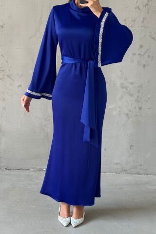 Kol Detaylı Eşsiz Tasarım Saten Tesettür Abiye Saks Mavisi