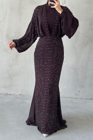 Modern Design Chiffon Hijab Evening Dress Brown