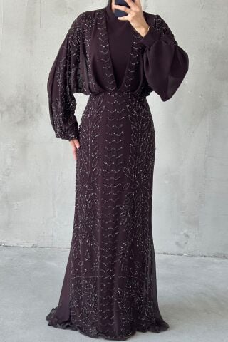 Modern Tasarım Şifon Tesettür Abiye Kahverengi