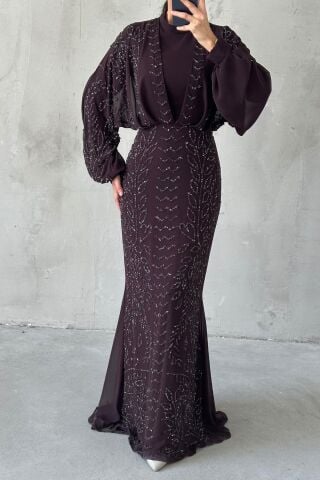 Modern Design Chiffon Hijab Evening Dress Brown