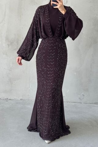 Modern Design Chiffon Hijab Evening Dress Brown
