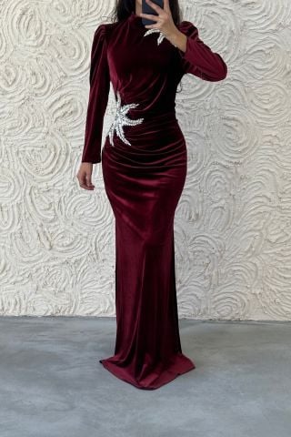 Asil ve Şık Kadife Balık Tesettür Abiye Bordo