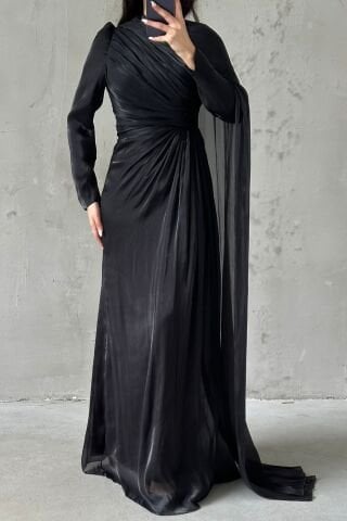 Janjan Hijab Evening Dress with Cape Detail on the Shoulder Black
