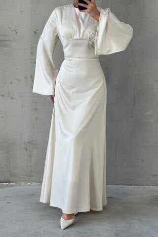 Flounce Sleeve Satin Hijab Evening Dress with Pearl Stone Detail on Sleeves and Waist, Ecru