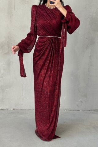 Duvella Janjan Örme Sim Tesettür Abiye Bordo