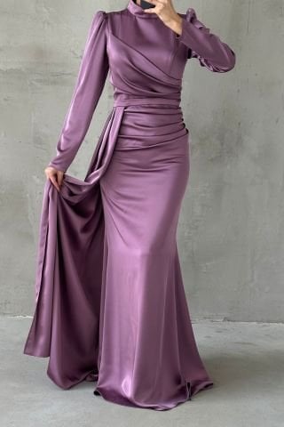 Drapeli Kuyruk Detaylı Tesettür Abiye Gül Kurusu