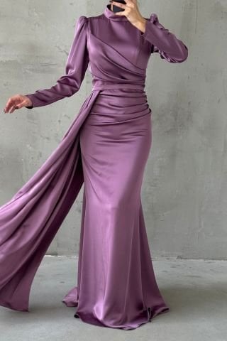 Drapeli Kuyruk Detaylı Tesettür Abiye Gül Kurusu