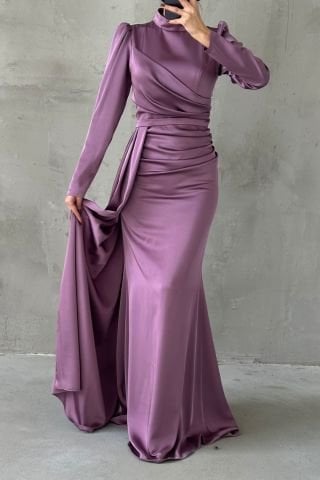 Drapeli Kuyruk Detaylı Tesettür Abiye Gül Kurusu