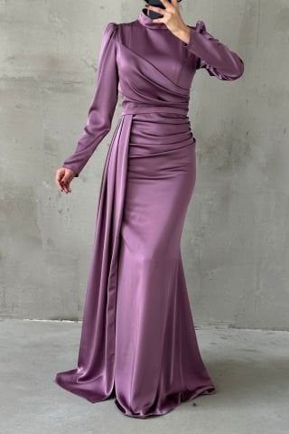 Draped Tail Detailed Hijab Evening Dress Dusty Rose