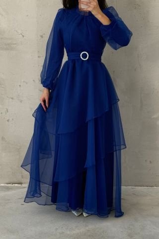 Tül Kat Kat Tesettür Abiye Saks Mavisi