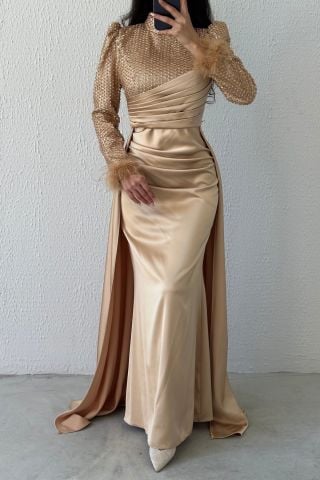 Sequined Sparkle: Satin Hijab Evening Dress with Feather Sleeves Copper