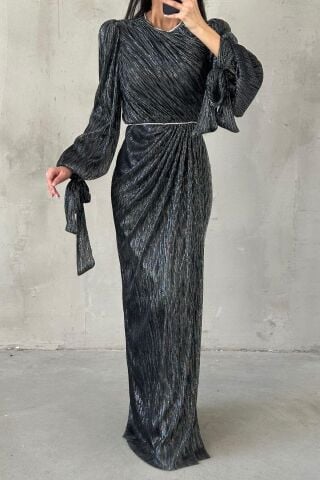 Duvella Janjan Knitted Glitter Hijab Evening Dress Black and White