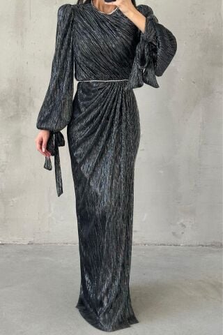 Duvella Janjan Knitted Glitter Hijab Evening Dress Black and White