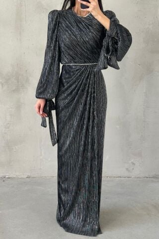 Duvella Janjan Knitted Glitter Hijab Evening Dress Black and White