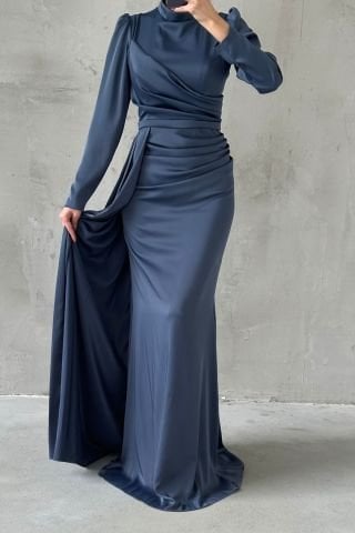 Draped Tail Detailed Hijab Evening Dress Navy Blue