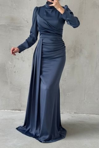Draped Tail Detailed Hijab Evening Dress Navy Blue