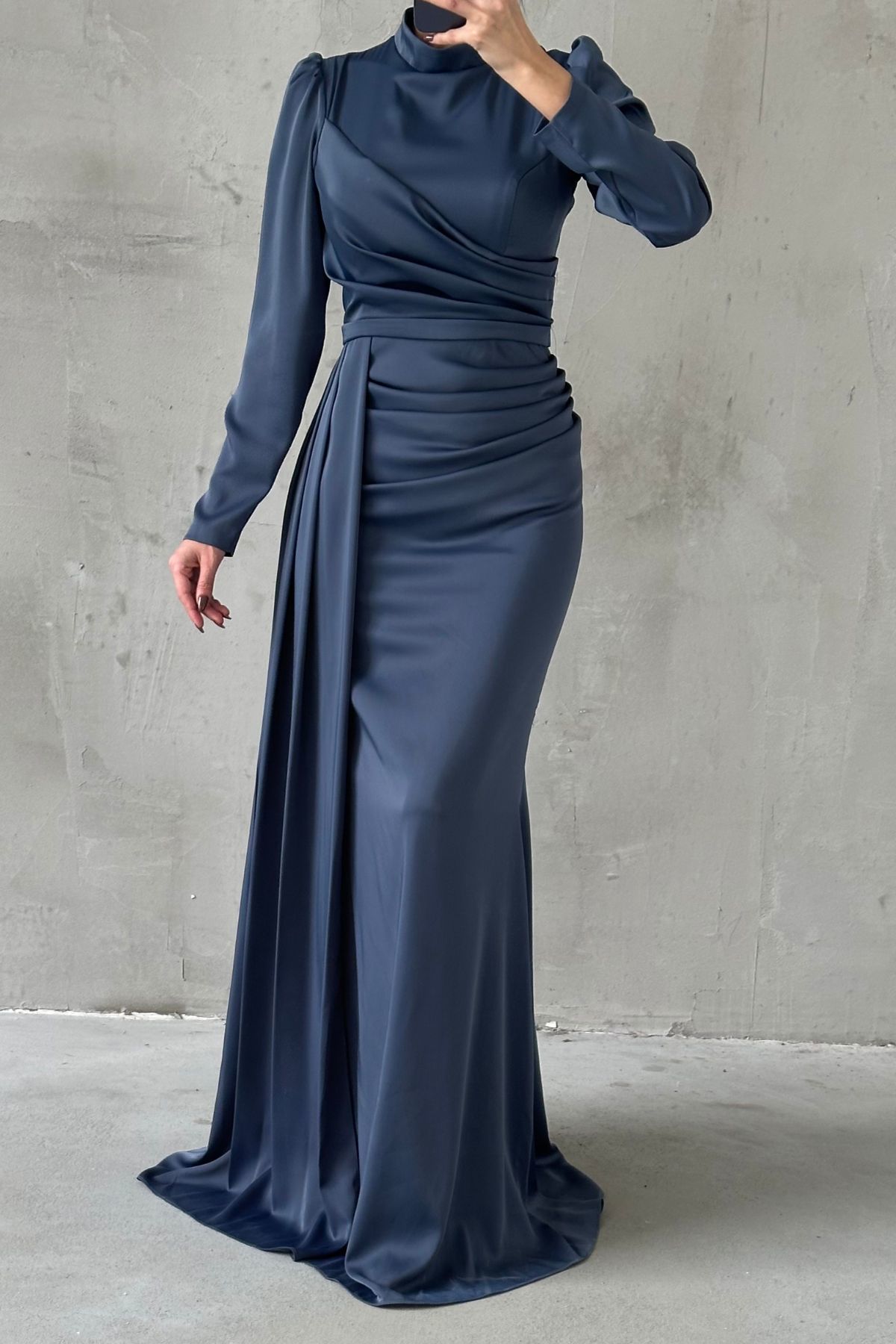 Draped Tail Detailed Hijab Evening Dress Navy Blue