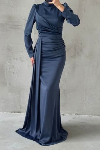 Draped Tail Detailed Hijab Evening Dress Navy Blue