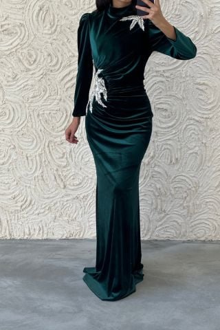 Noble and Stylish Velvet Fish Hijab Evening Dress Green