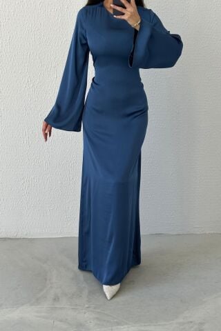 Basic Satin Hijab Evening Dress with Back Tie Detail Indigo