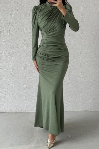 Fine Detailed Sendi Hijab Evening Dress Khaki