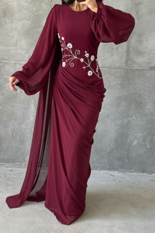 Ebru Hijab Evening Dress Burgundy