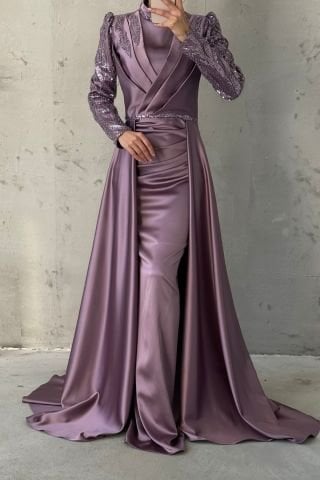 Işıltışı Taş Detaylı Pelerinli Saten Tesettür Abiye Lila