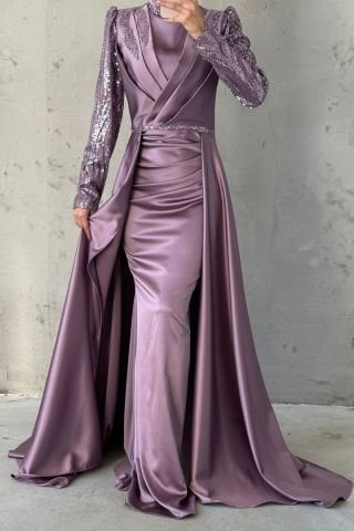 Glittering Stone Detailed Cape Satin Hijab Evening Dress Lilac