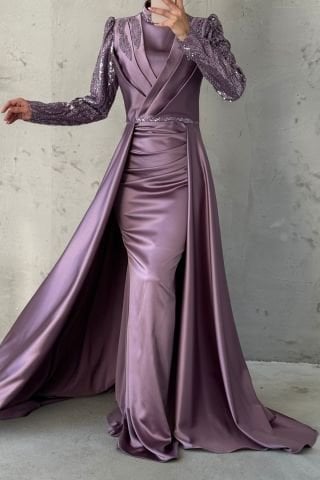 Işıltışı Taş Detaylı Pelerinli Saten Tesettür Abiye Lila