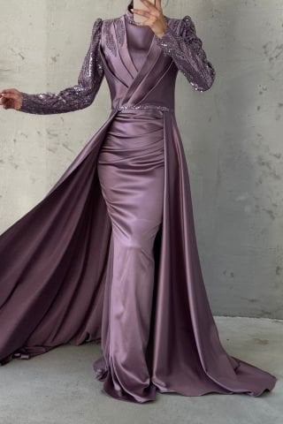 Işıltışı Taş Detaylı Pelerinli Saten Tesettür Abiye Lila